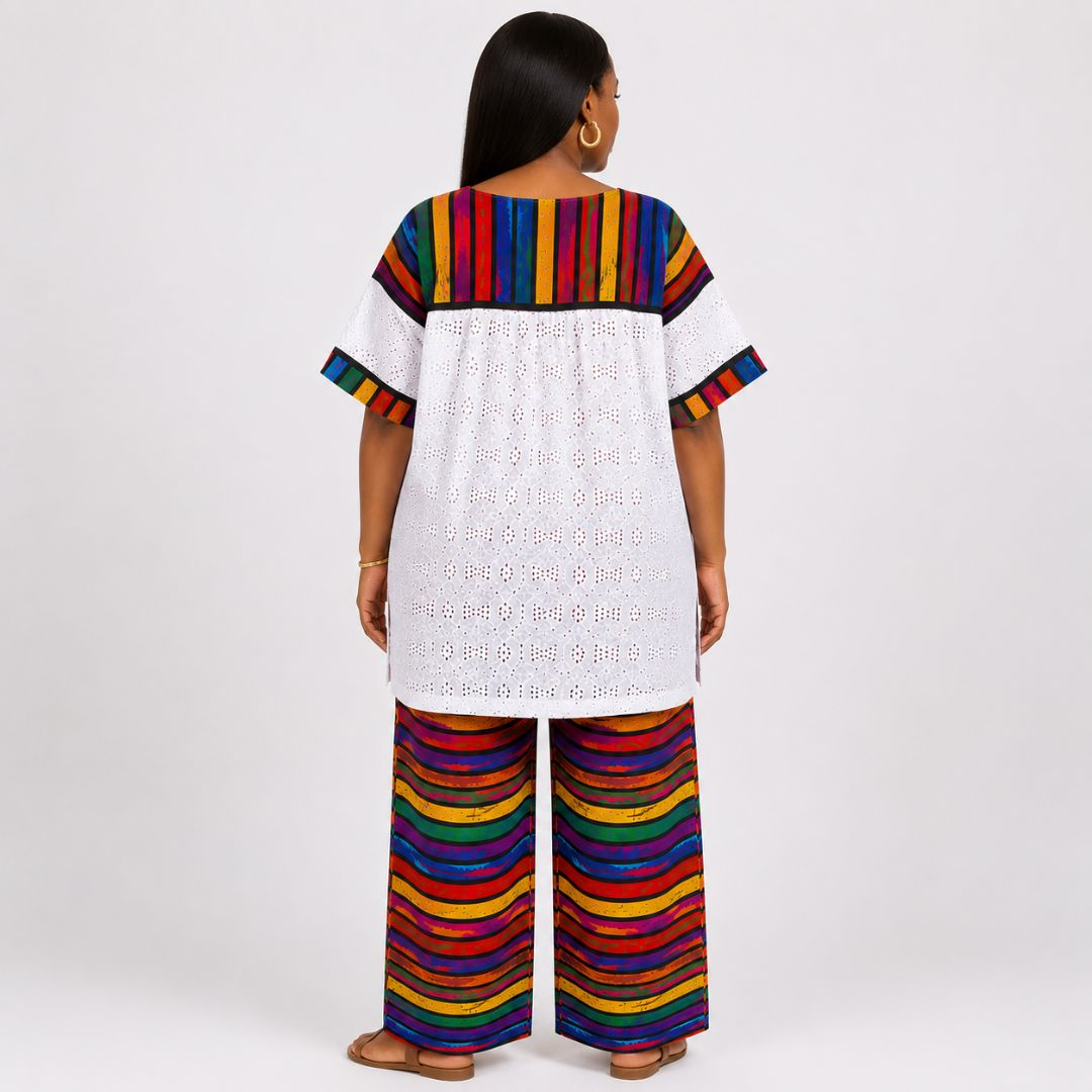 Two Piece Traditional Outfit with White Lace Top and Colorful Striped Pants
